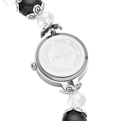 Strada Simulated Black and White Beaded Japanese Movement Stretch Bracelet Medical Alert Watch in Black Oxidized Silvertone 50.00 ctw