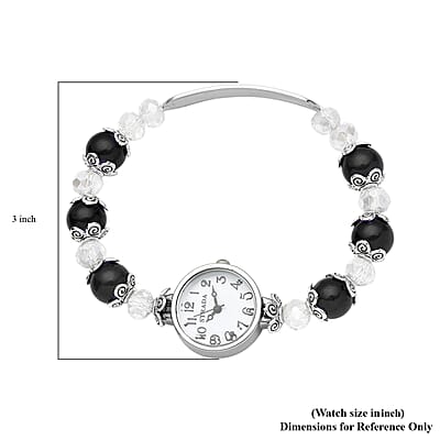 Strada Simulated Black and White Beaded Japanese Movement Stretch Bracelet Medical Alert Watch in Black Oxidized Silvertone 50.00 ctw