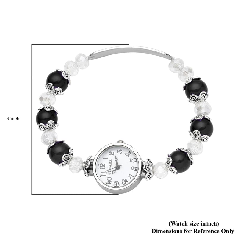 Strada Simulated Black and White Beaded Japanese Movement Stretch Bracelet Medical Alert Watch in Black Oxidized Silvertone 50.00 ctw