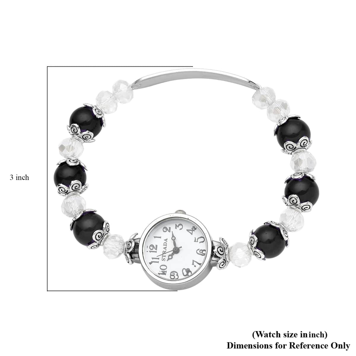 STRADA Simulated Black and White Beaded Japanese Movement Stretch Bracelet Watch in Black Oxidized Silvertone (7.25 In) image number 5