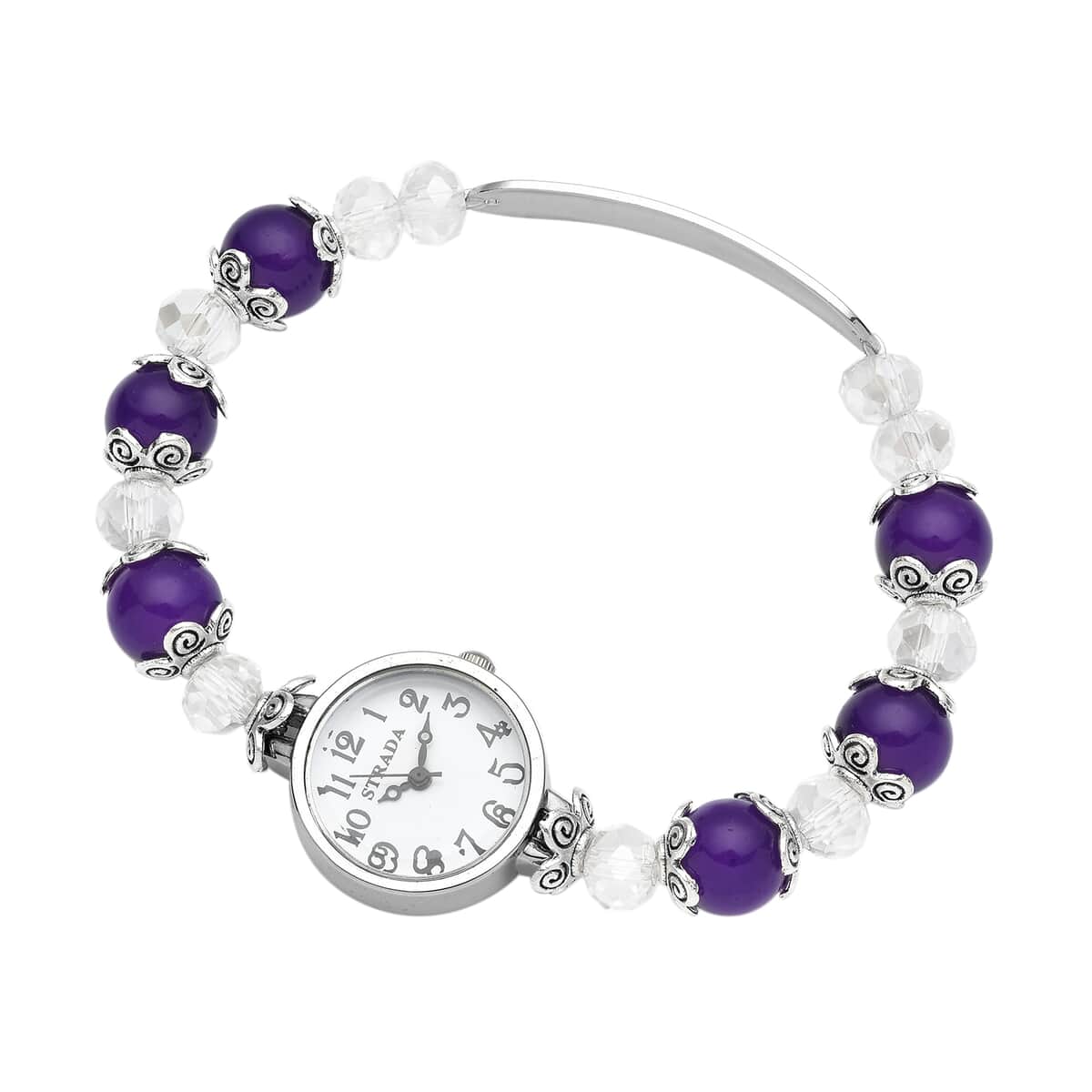 Strada Simulated Purple and White Beaded Japanese Movement Stretch Bracelet Medical Alert Watch in Black Oxidized Silvertone (7.50-8.00 In) 50.00 ctw image number 0