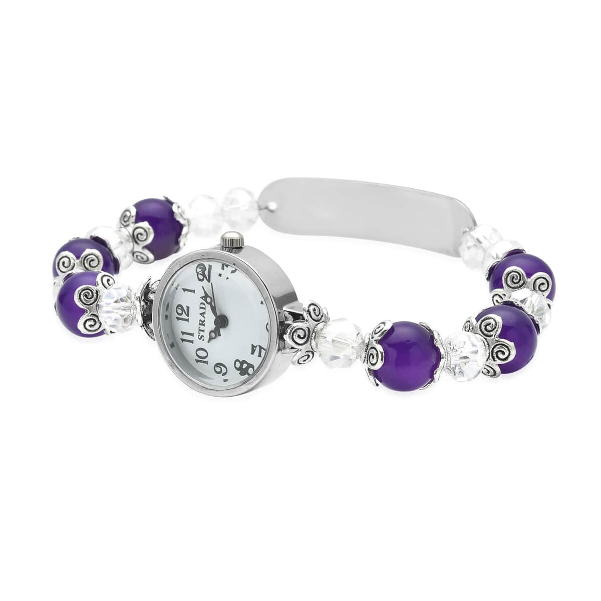 Strada Simulated Purple and White Beaded Japanese Movement Stretch Bracelet Medical Alert Watch in Black Oxidized Silvertone (7.50-8.00 In) 50.00 ctw image number 2