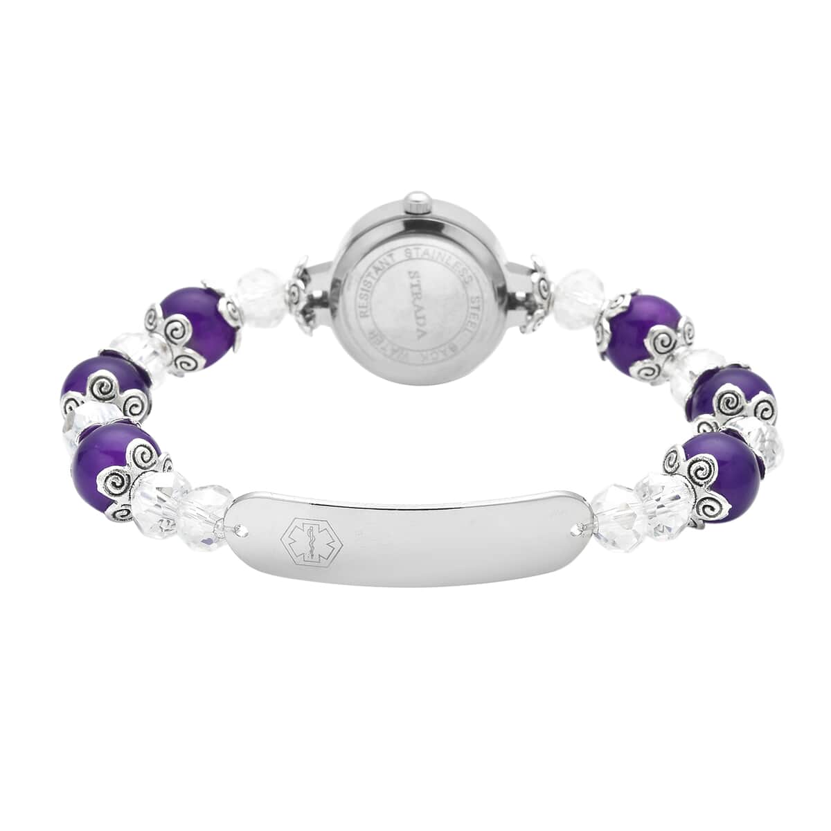 Strada Simulated Purple and White Beaded Japanese Movement Stretch Bracelet Medical Alert Watch in Black Oxidized Silvertone (7.50-8.00 In) 50.00 ctw image number 3