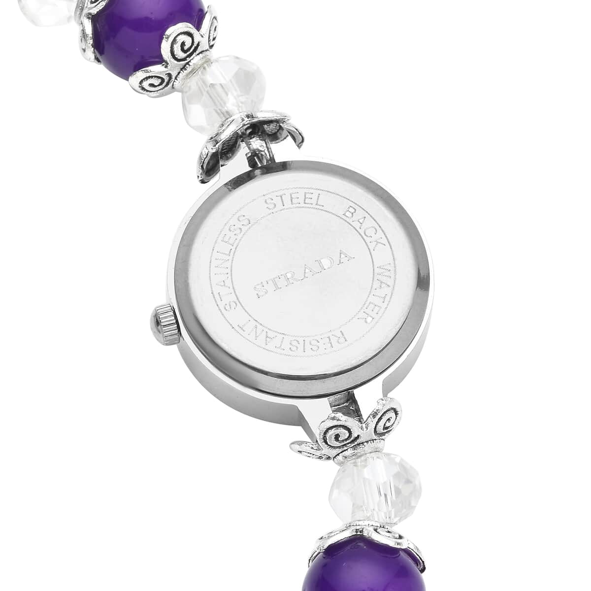 Strada Simulated Purple and White Beaded Japanese Movement Stretch Bracelet Medical Alert Watch in Black Oxidized Silvertone (7.50-8.00 In) 50.00 ctw image number 4