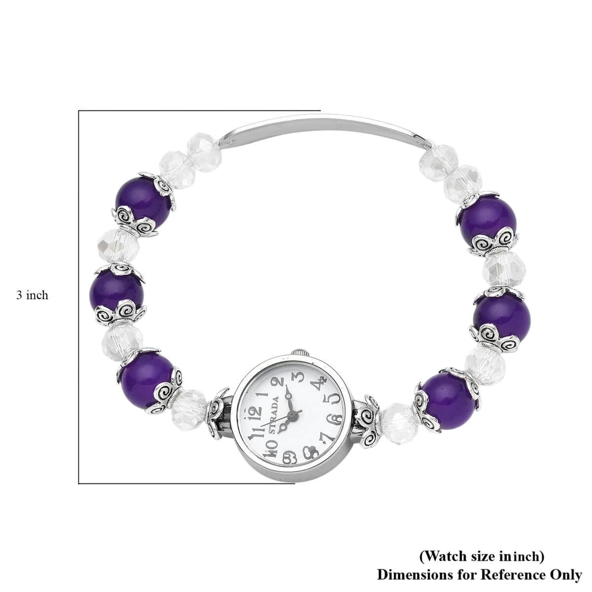 Strada Simulated Purple and White Beaded Japanese Movement Stretch Bracelet Medical Alert Watch in Black Oxidized Silvertone (7.50-8.00 In) 50.00 ctw image number 5