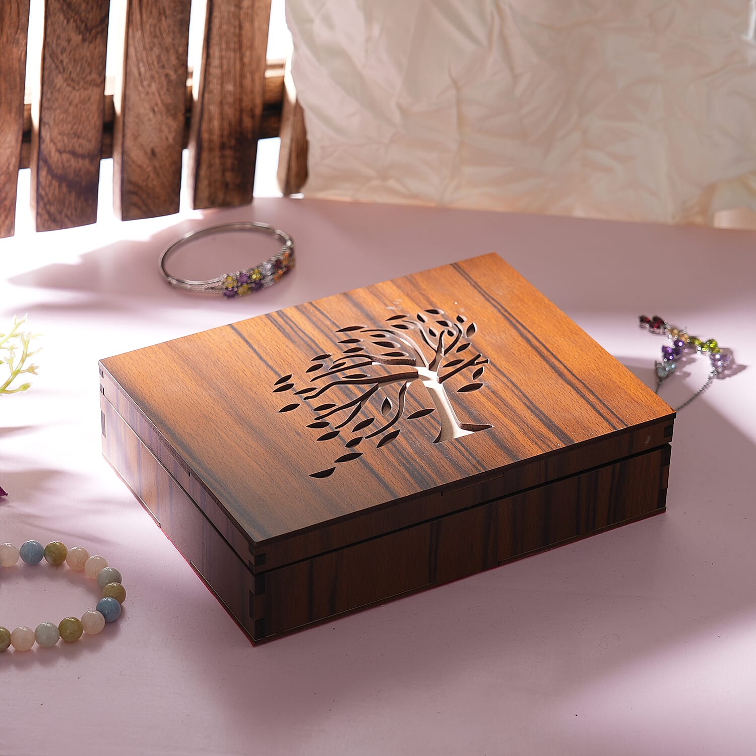 Brown Tree of Life Pine Wooden Jewelry Box
