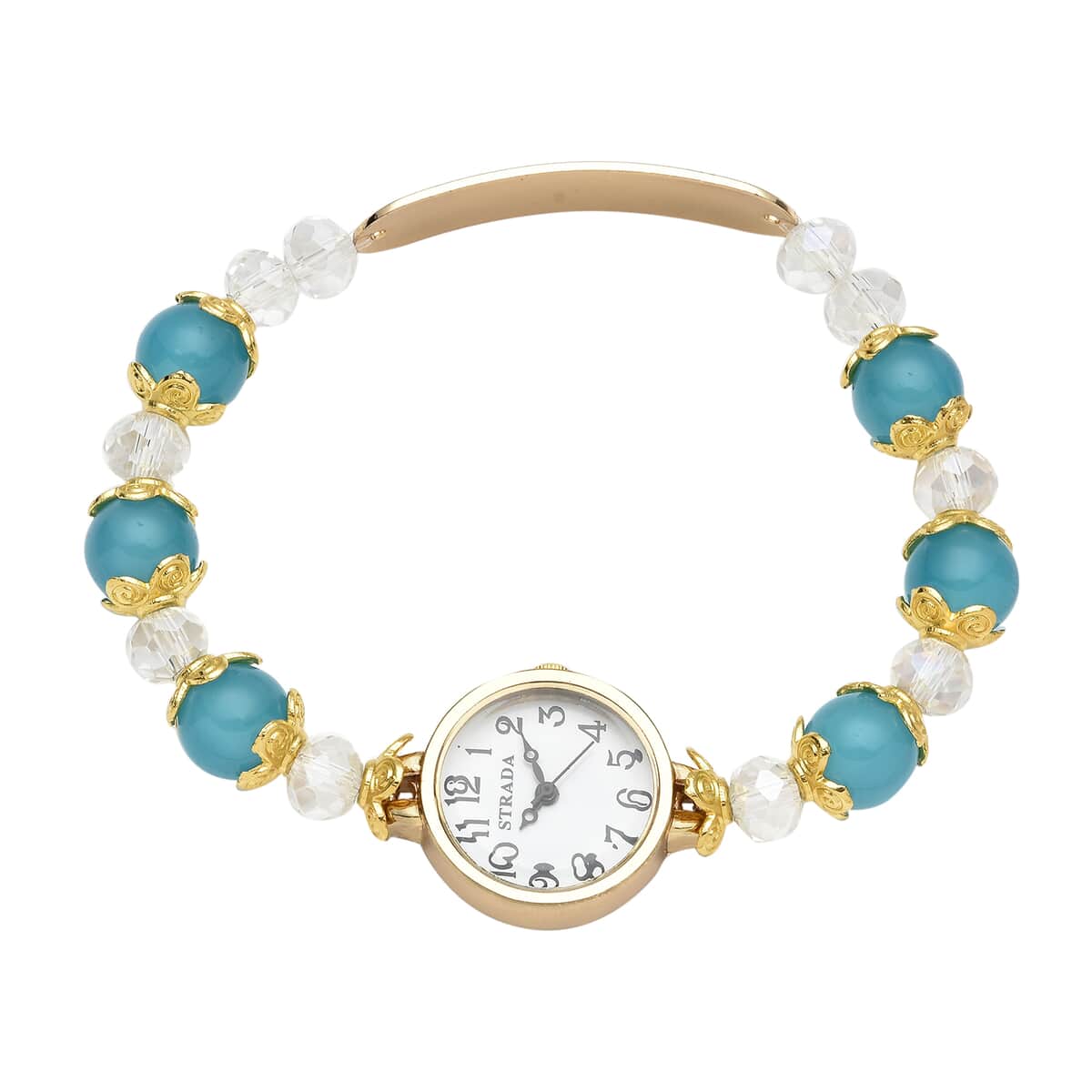 Strada Simulated Blue and White Beaded Japanese Movement Stretch Bracelet Medical Alert Watch in Goldtone (7.50-8.00 In) 50.00 ctw image number 0