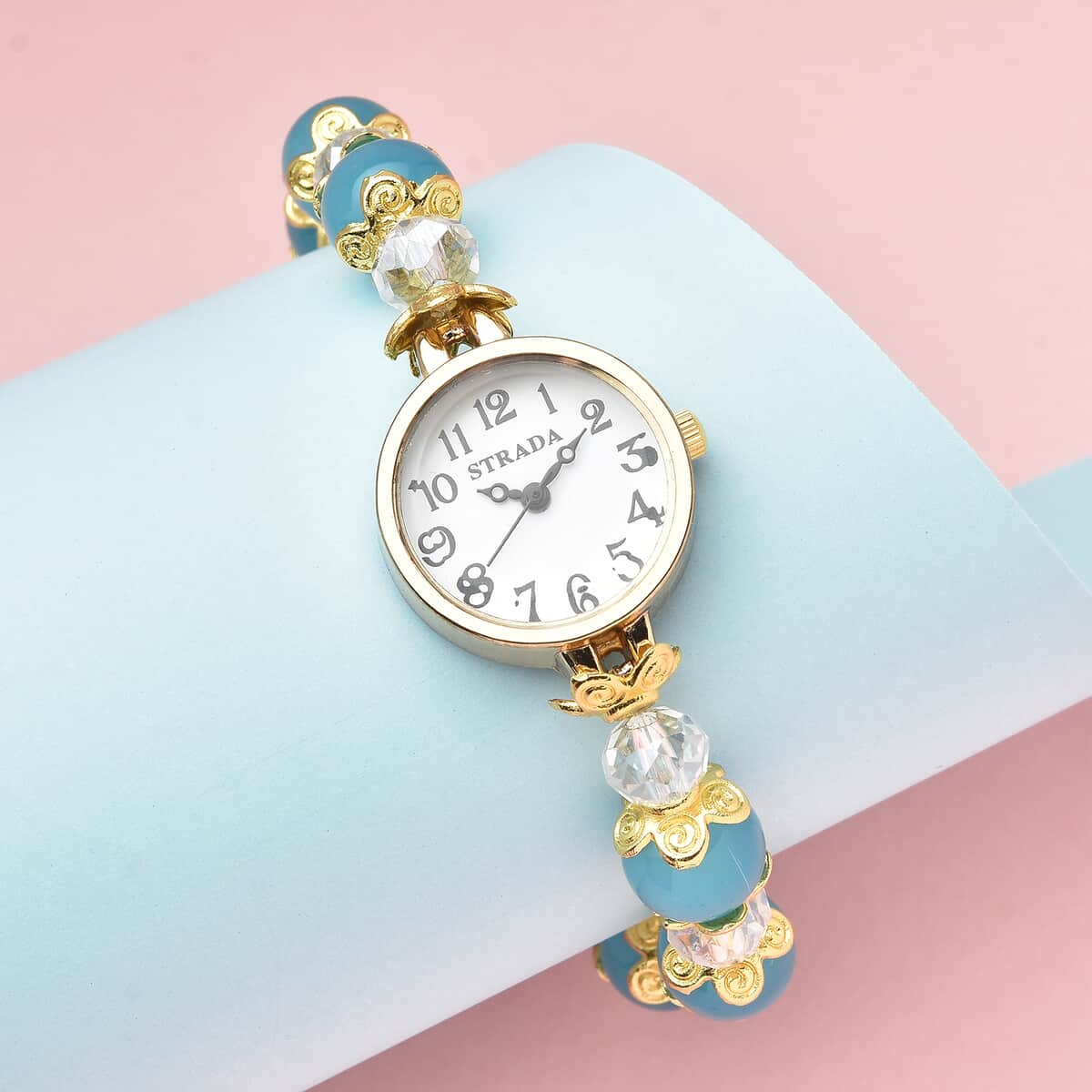 Strada Simulated Blue and White Beaded Japanese Movement Stretch Bracelet Medical Alert Watch in Goldtone (7.50-8.00 In) 50.00 ctw image number 1