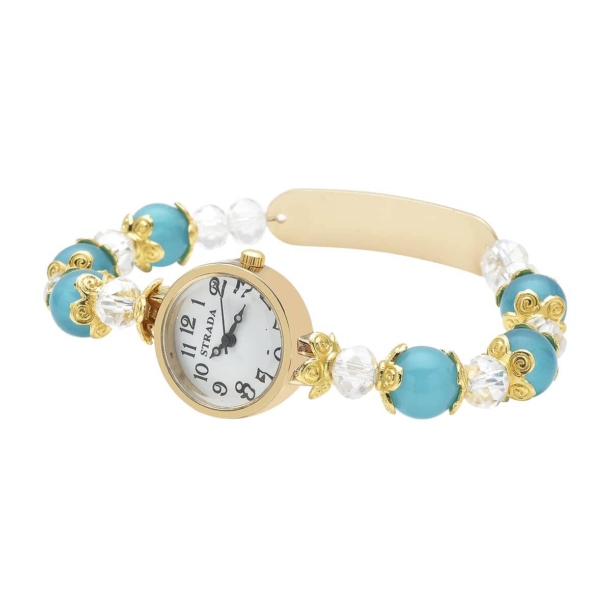 Strada Simulated Blue and White Beaded Japanese Movement Stretch Bracelet Medical Alert Watch in Goldtone (7.50-8.00 In) 50.00 ctw image number 2