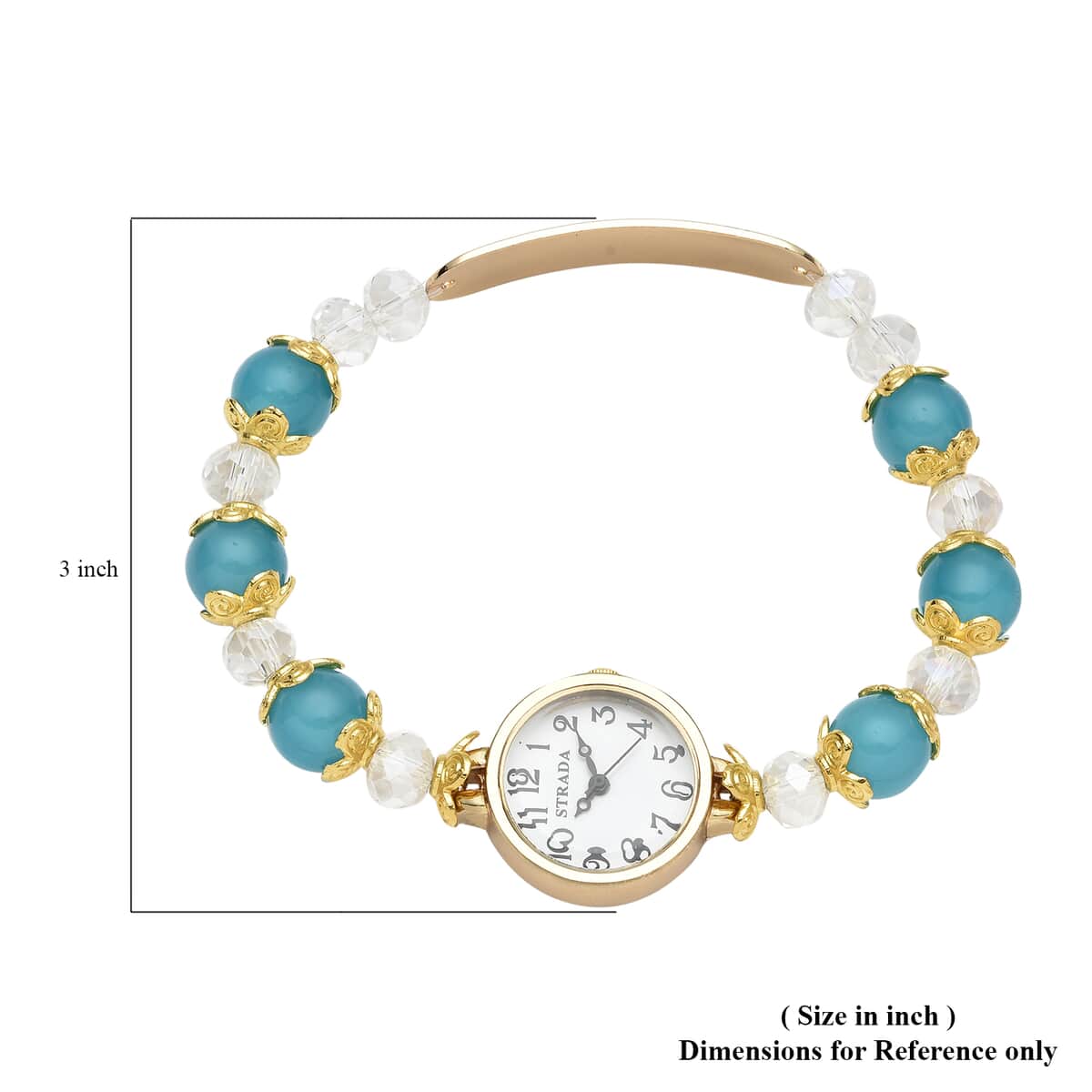 Strada Simulated Blue and White Beaded Japanese Movement Stretch Bracelet Medical Alert Watch in Goldtone (7.50-8.00 In) 50.00 ctw image number 5