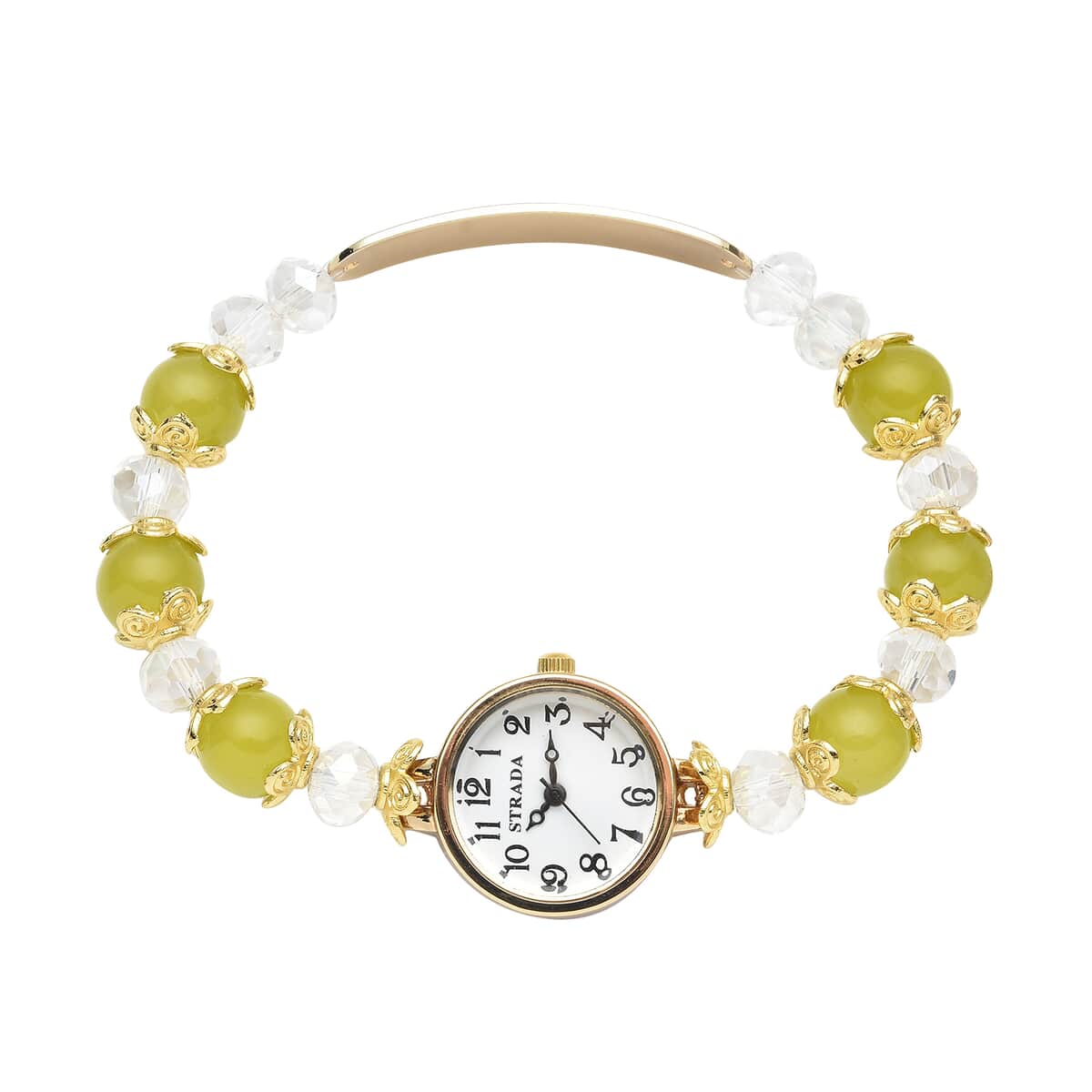 Strada Simulated Yellow and White Beaded Japanese Movement Stretch Bracelet Medical Alert Watch in Goldtone (7.50-8.00 In) image number 0