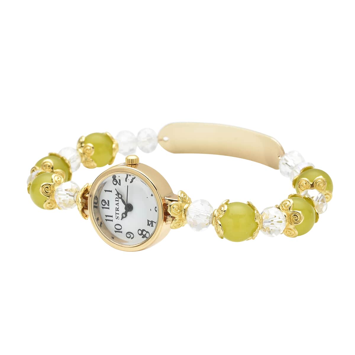 Strada Simulated Yellow and White Beaded Japanese Movement Stretch Bracelet Medical Alert Watch in Goldtone (7.50-8.00 In) image number 2