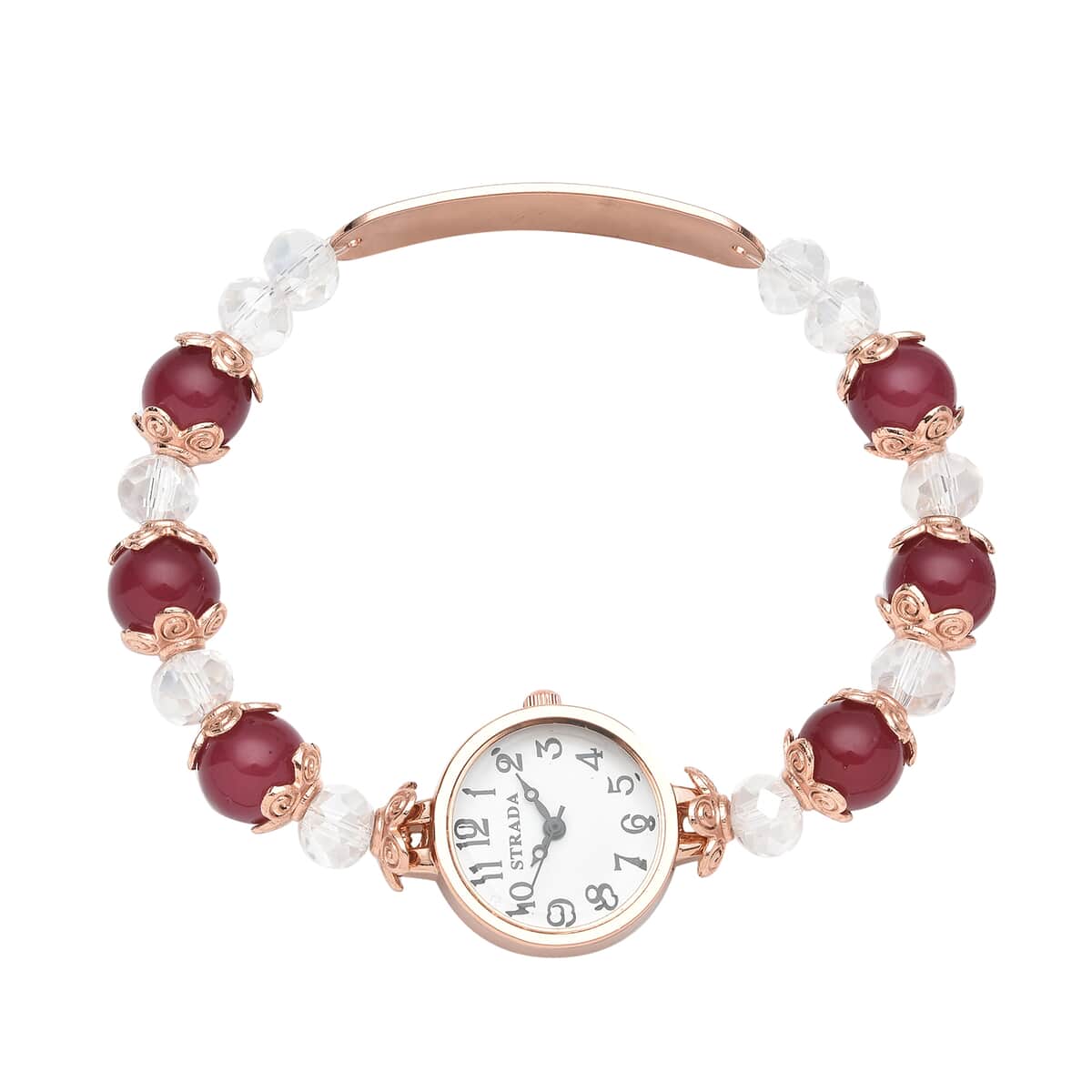 Strada Simulated Red and White Beaded Japanese Movement Stretch Bracelet Medical Alert Watch in Rosetone (7.50-8.00 In) image number 0