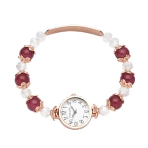 Strada Simulated Red and White Beaded Japanese Movement Stretch Bracelet Medical Alert Watch in Rosetone (7.50-8.00 In)