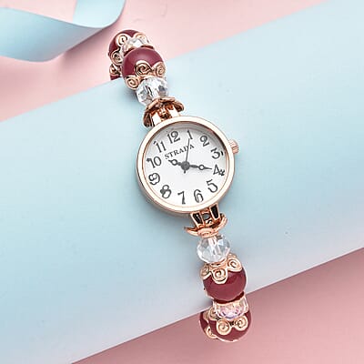 Strada Simulated Red and White Beaded Japanese Movement Stretch Bracelet Medical Alert Watch in Rosetone (7.50-8.00 In)