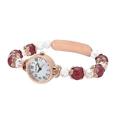 Strada Simulated Red and White Beaded Japanese Movement Stretch Bracelet Medical Alert Watch in Rosetone (7.50-8.00 In)