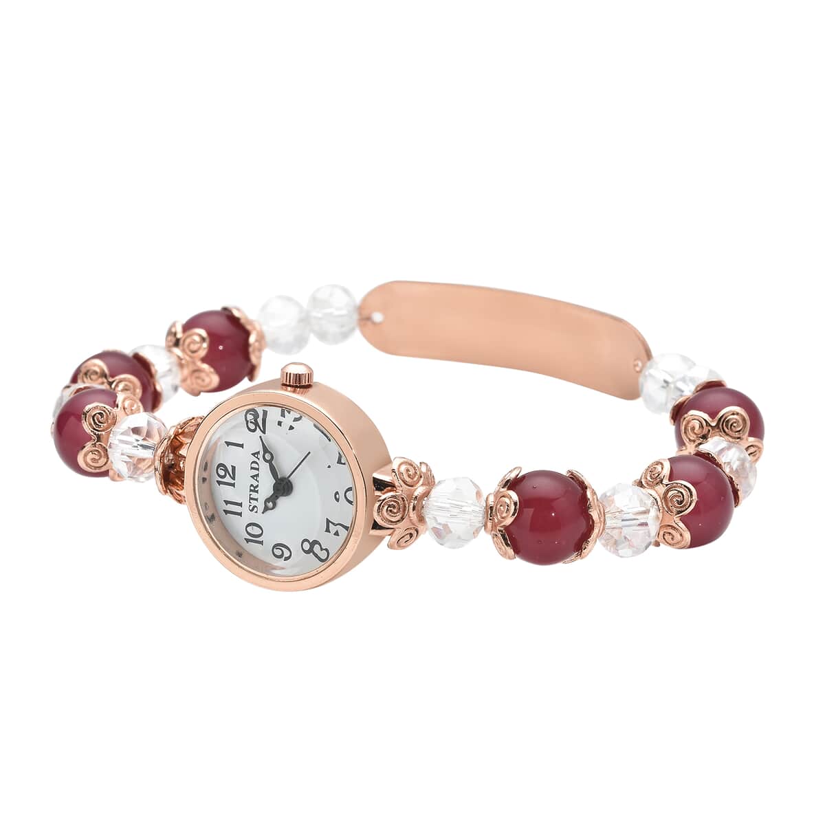 Strada Simulated Red and White Beaded Japanese Movement Stretch Bracelet Medical Alert Watch in Rosetone (7.50-8.00 In) image number 2