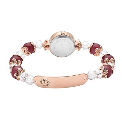 Strada Simulated Red and White Beaded Japanese Movement Stretch Bracelet Medical Alert Watch in Rosetone (7.50-8.00 In)