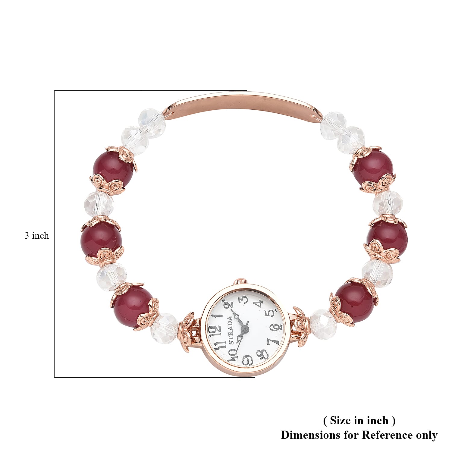 Strada Simulated Red and White Beaded Japanese Movement Stretch Bracelet Medical Alert Watch in Rosetone (7.50-8.00 In)