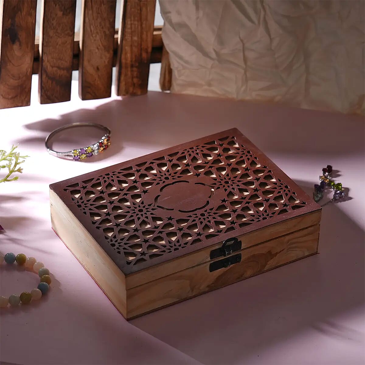 Natural Floral Abstract Pine Wooden Jewelry Box image number 1