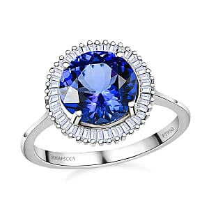 Rhapsody 950 Platinum AAAA Tanzanite Ring, Platinum Diamond Ring, Wedding Ring, Halo Engagement Rings For Women 3.65 ctw