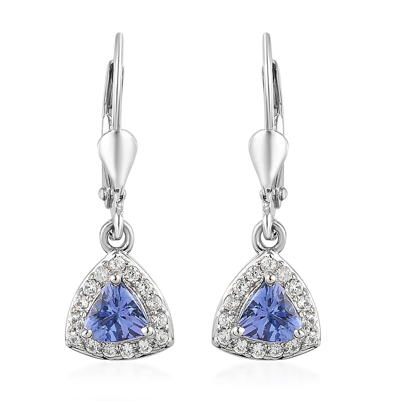 Tanzanite and Natural White Zircon Lever Back Earrings in Platinum Over Sterling Silver 1.25 ctw