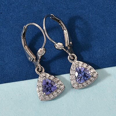 Tanzanite and Natural White Zircon Lever Back Earrings in Platinum Over Sterling Silver 1.25 ctw
