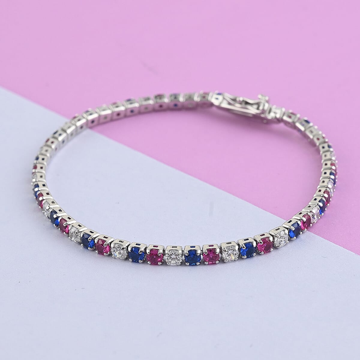 Simulated Red, Blue and White Diamond Patriotic Tennis Bracelet in Rhodium Over Sterling Silver (8.00 In) 7.65 ctw image number 1