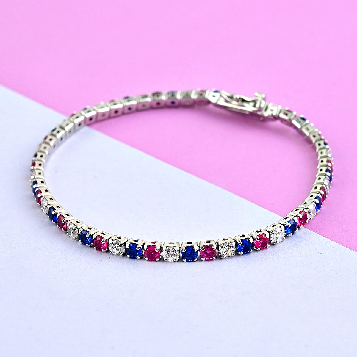 Simulated Red, Blue and White Diamond Patriotic Tennis Bracelet in Rhodium Over Sterling Silver (7.25 In) 7.65 ctw image number 1