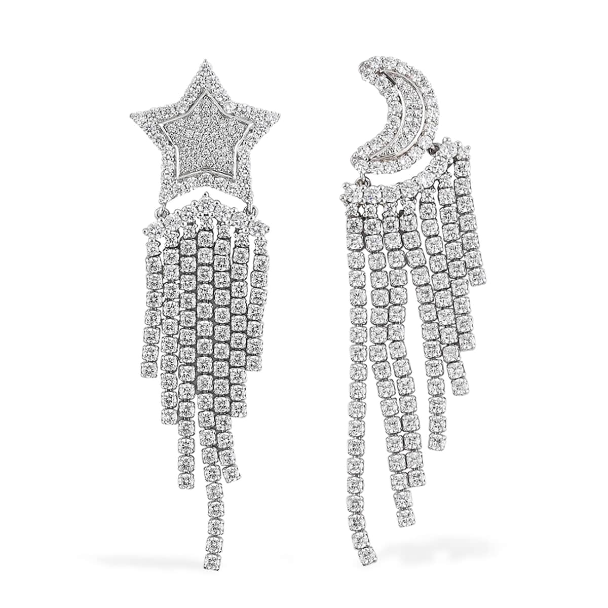 Simulated Diamond Star and Moon Fringe Earrings in Silvertone 4.20 ctw image number 0