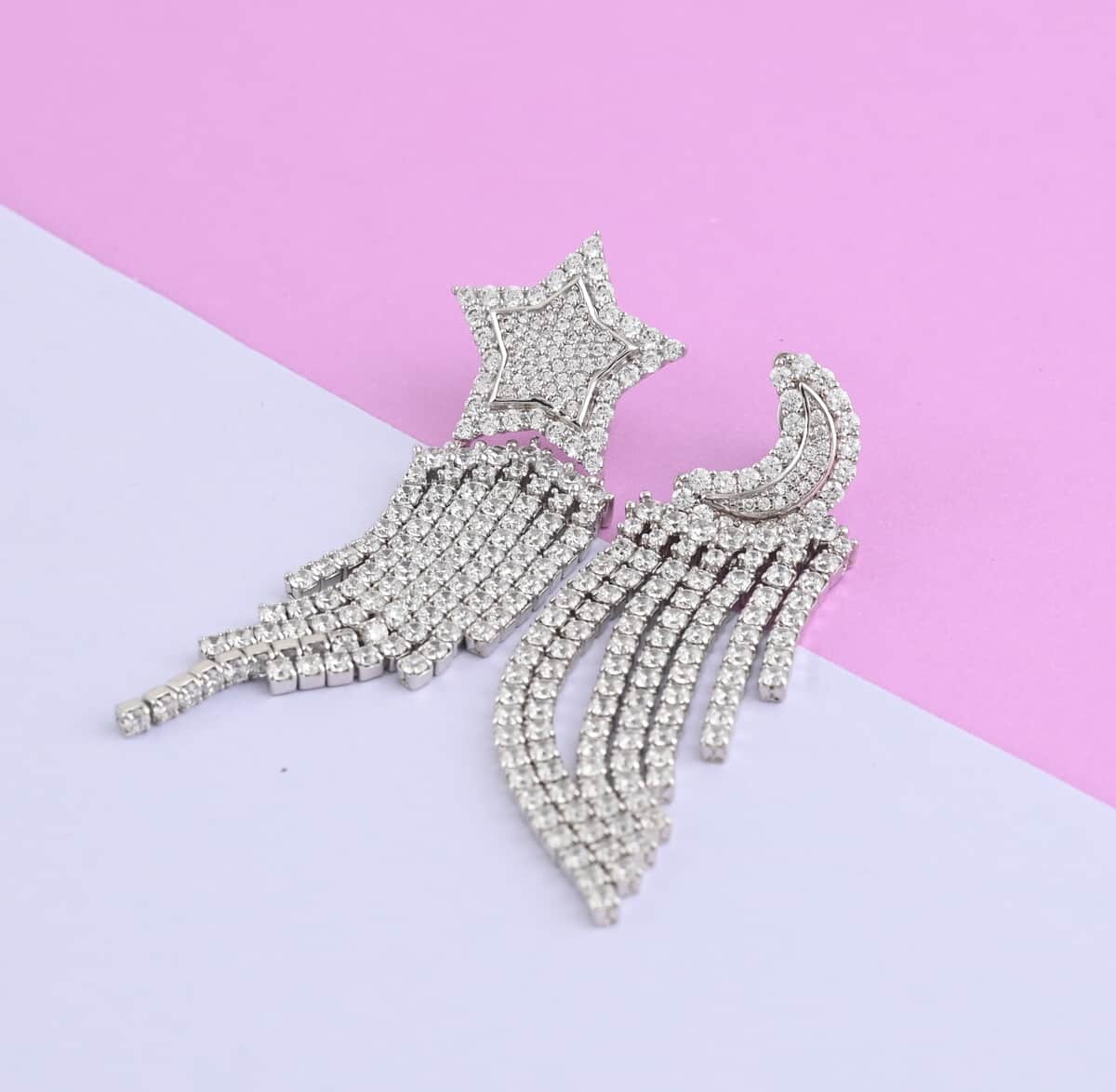 Simulated Diamond Star and Moon Fringe Earrings in Silvertone 4.20 ctw image number 1