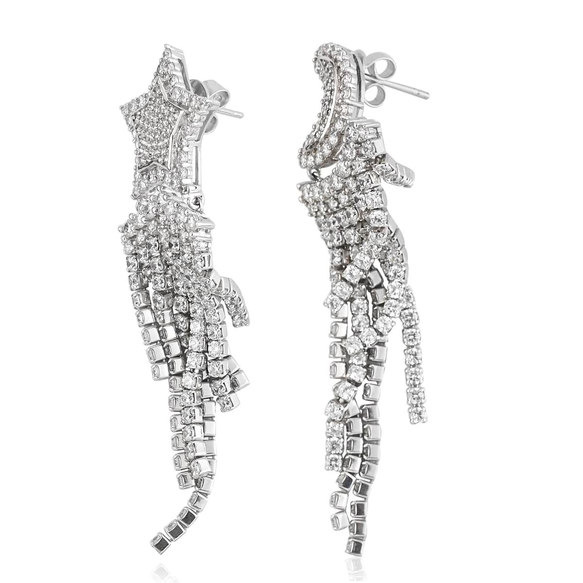 Simulated Diamond Star and Moon Fringe Earrings in Silvertone 4.20 ctw image number 2