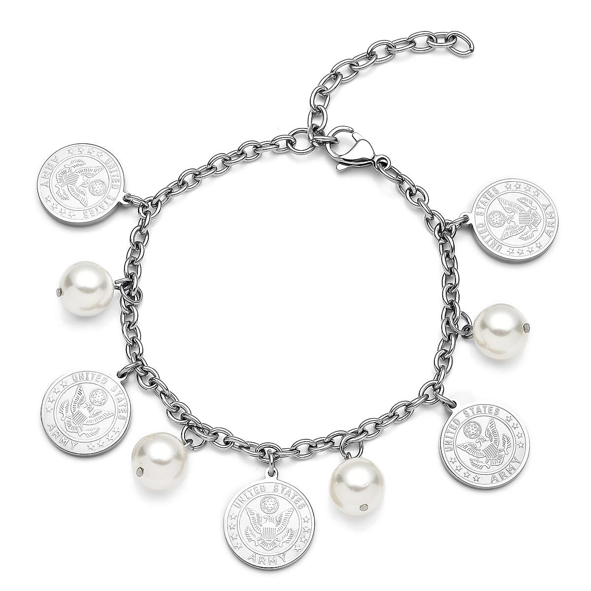 White Shell Pearl Coin Charm Bracelet in Stainless Steel (7.25 In) image number 0