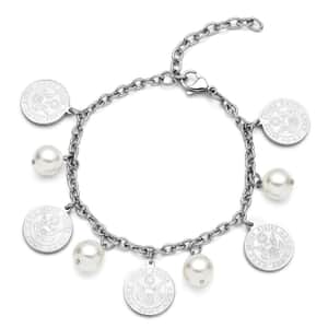 White Shell Pearl Coin Charm Bracelet in Stainless Steel (7.25 In)