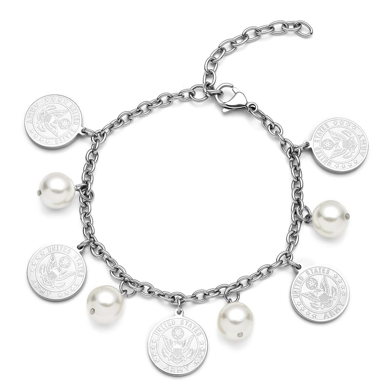 White Shell Pearl Coin Charm Bracelet in Stainless Steel (7.25 In) 1.00 ctw