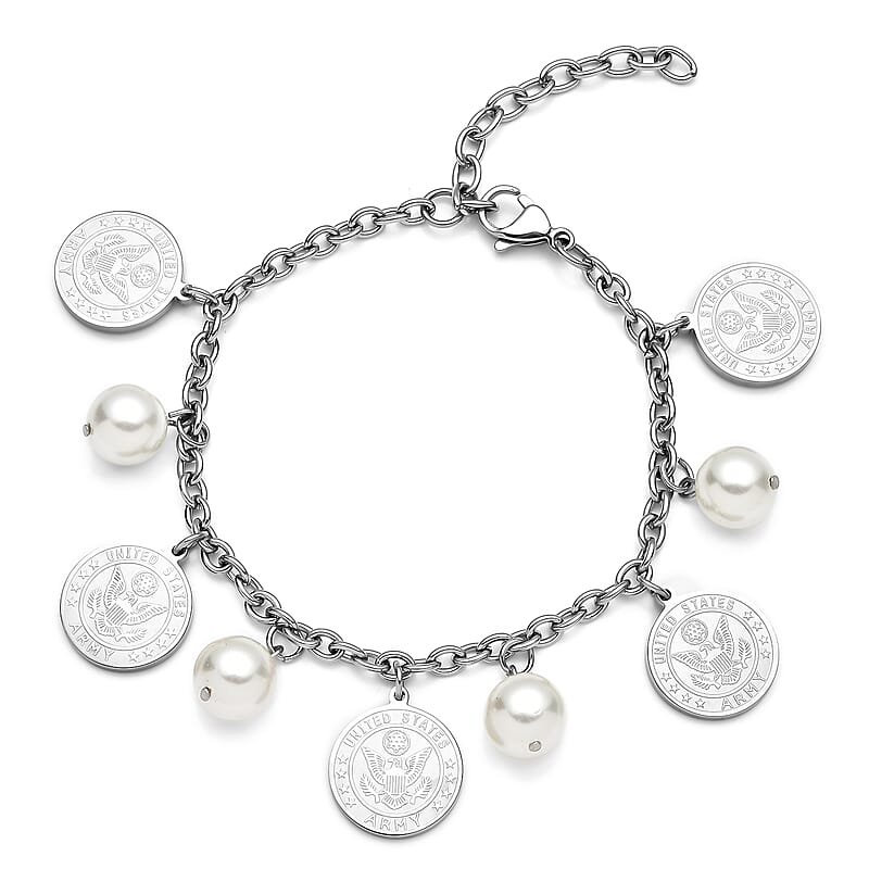 White Shell Pearl Coin Charm Bracelet in Stainless Steel (7.25 In) 1.00 ctw
