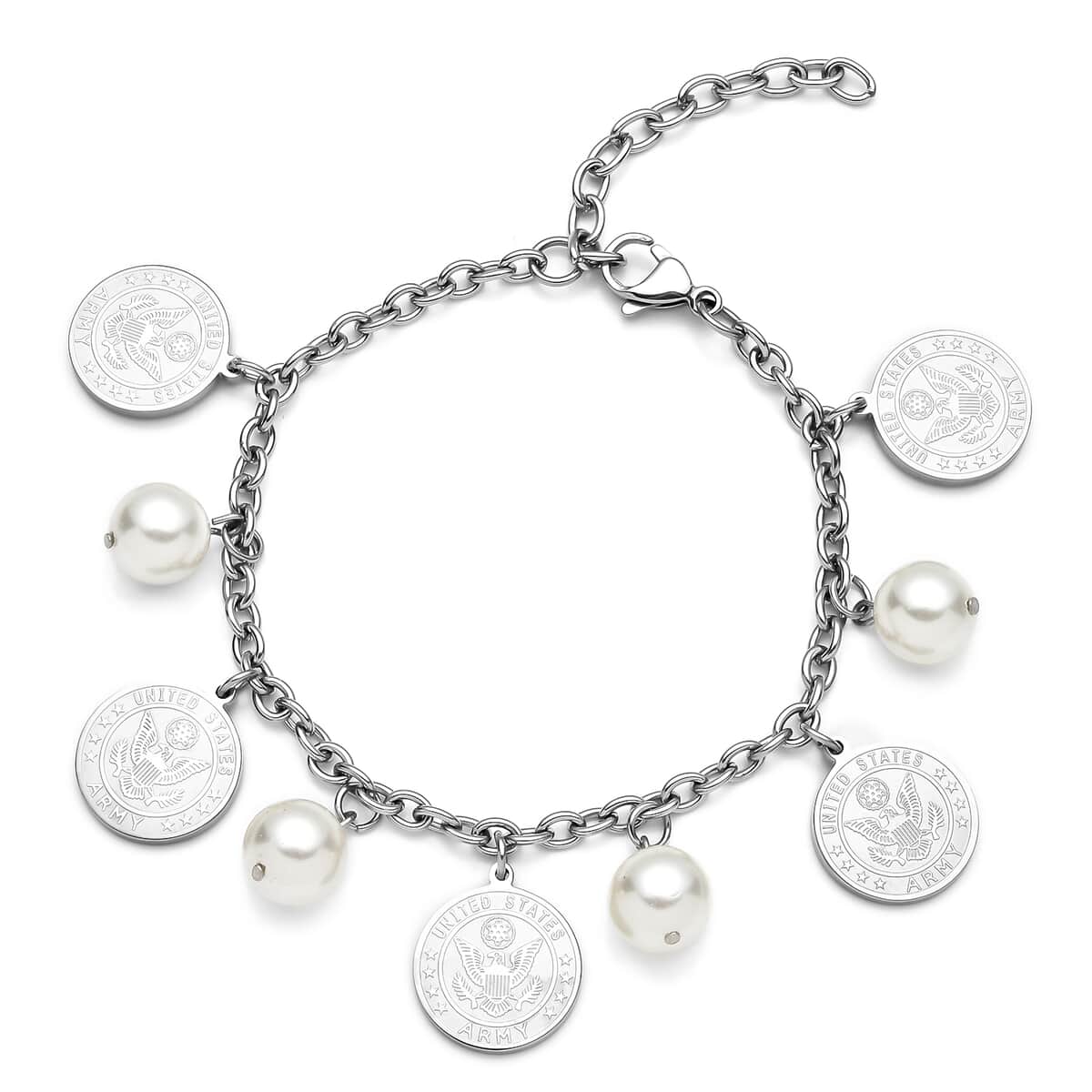 White Shell Pearl Coin Charm Bracelet in Stainless Steel (7.25 In) image number 0