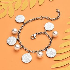White Shell Pearl Coin Charm Bracelet in Stainless Steel (7.25 In) 1.00 ctw