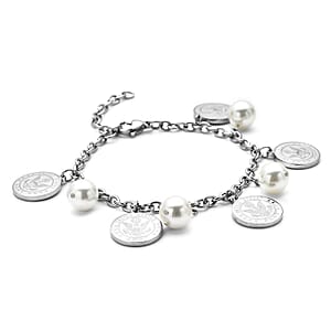 White Shell Pearl Coin Charm Bracelet in Stainless Steel (7.25 In) 1.00 ctw