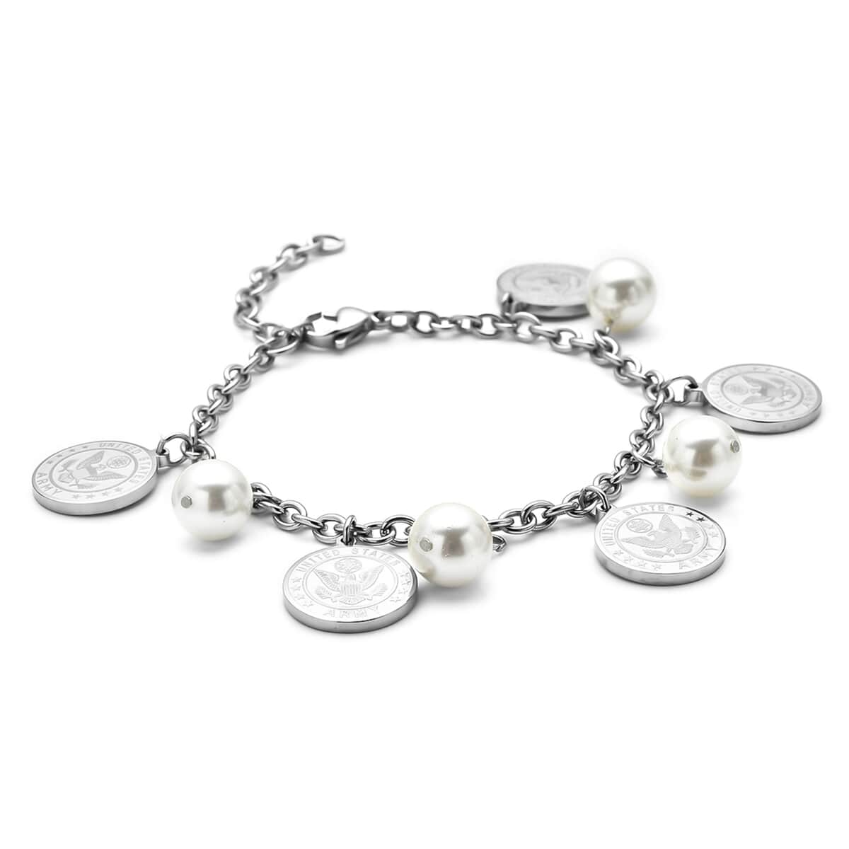 White Shell Pearl Coin Charm Bracelet in Stainless Steel (7.25 In) image number 2