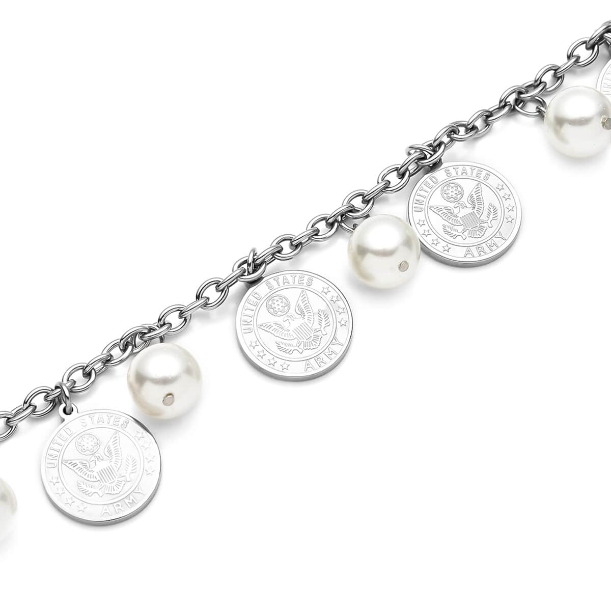 White Shell Pearl Coin Charm Bracelet in Stainless Steel (7.25 In) image number 3