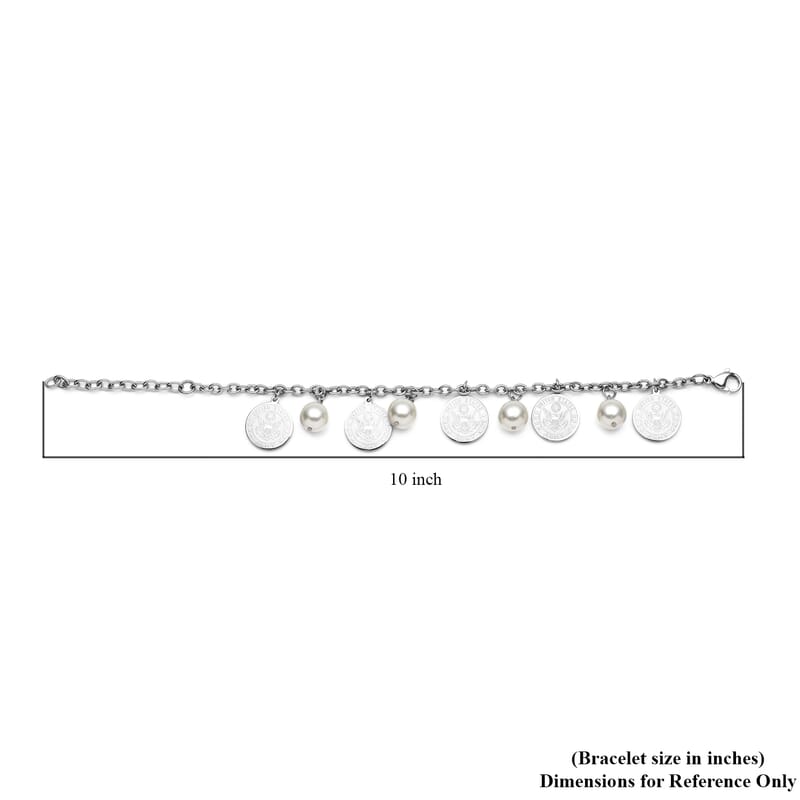 White Shell Pearl Coin Charm Bracelet in Stainless Steel (7.25 In) 1.00 ctw