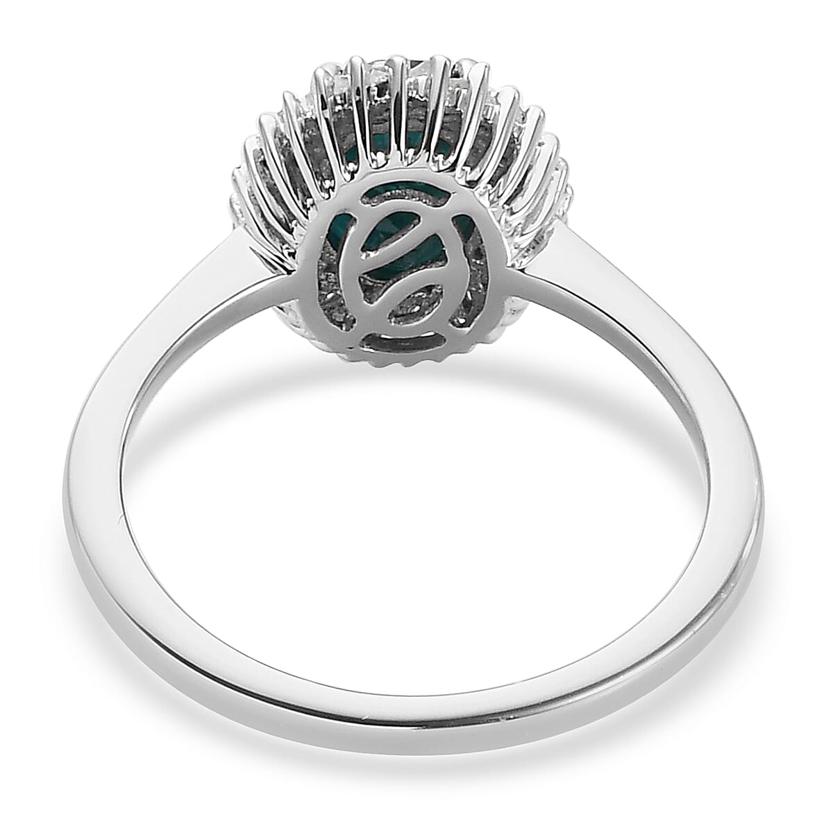 Teal Grandidierite and Diamond Halo Ring in Platinum Over Sterling Silver (Size 6.0) 1.50 ctw