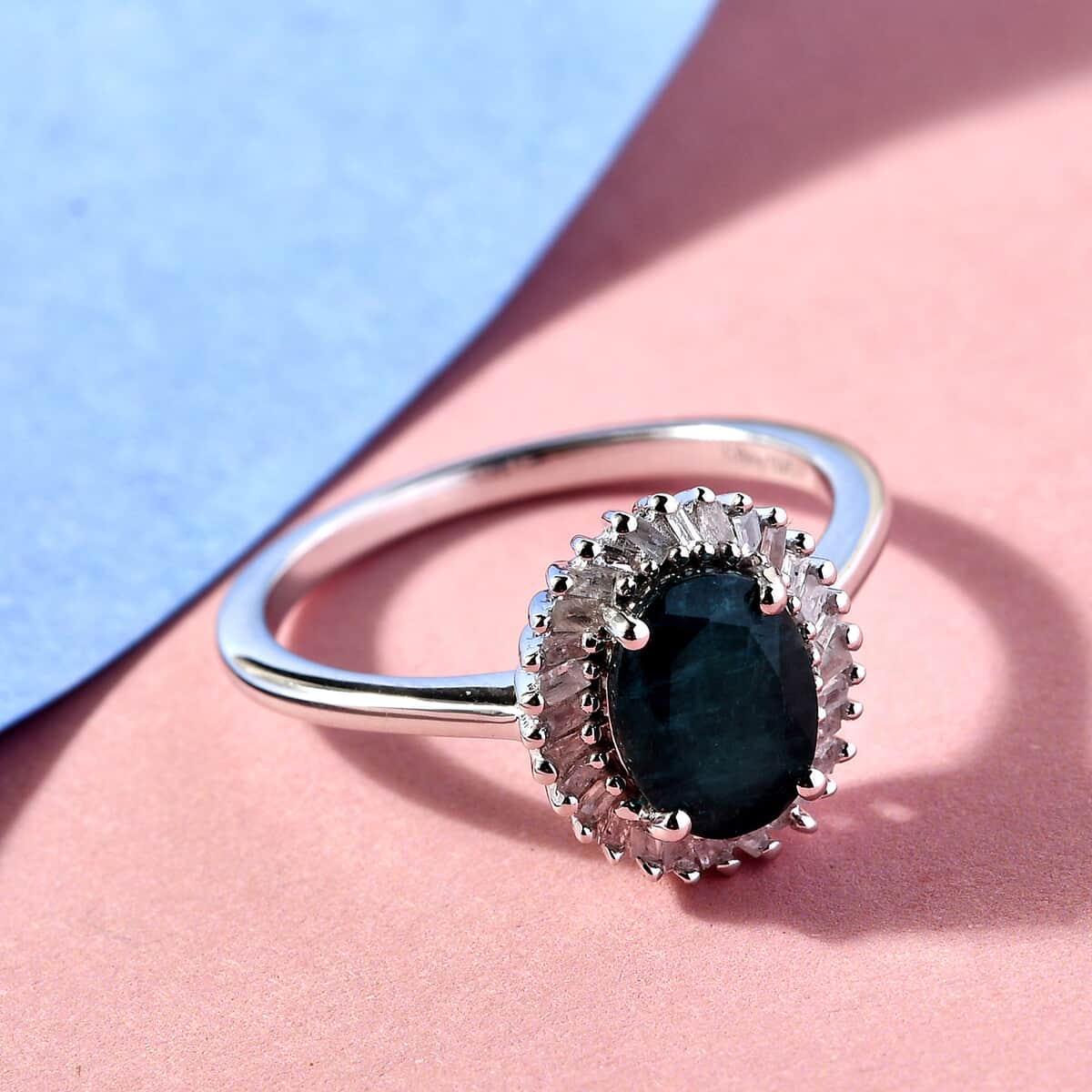 Teal Grandidierite and Diamond Halo Ring in Platinum Over Sterling Silver (Size 7.0) 1.50 ctw image number 1
