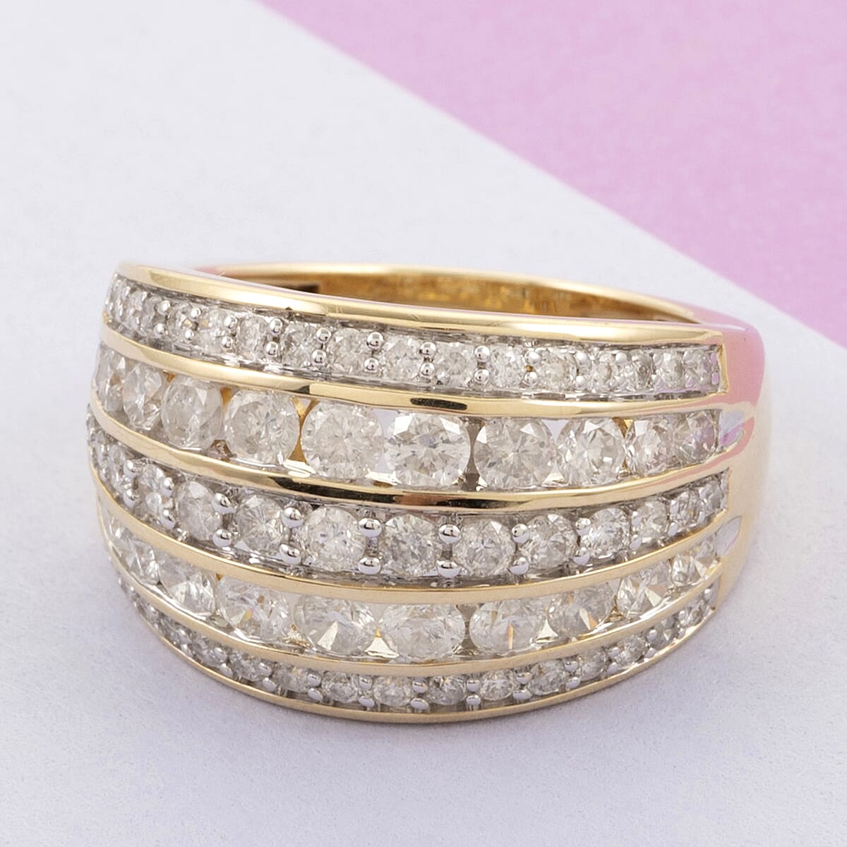 14K Yellow Gold G-H I3 Diamond 5 Row Band Ring (Size 7.0) 8 Grams 2.00 ctw image number 1