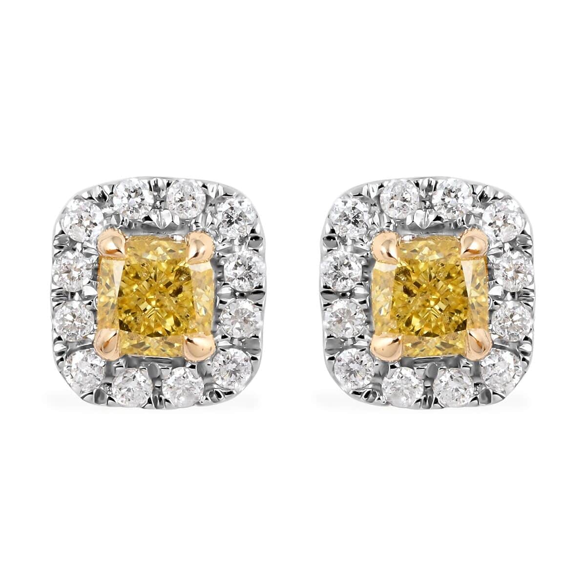 14K White & Yellow Gold Natural Yellow Diamond Cushion with White Diamond Halo Stud Earrings 0.50 ctw image number 0