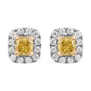 14K White & Yellow Gold Natural Yellow Diamond Cushion with White Diamond Halo Stud Earrings 0.50 ctw