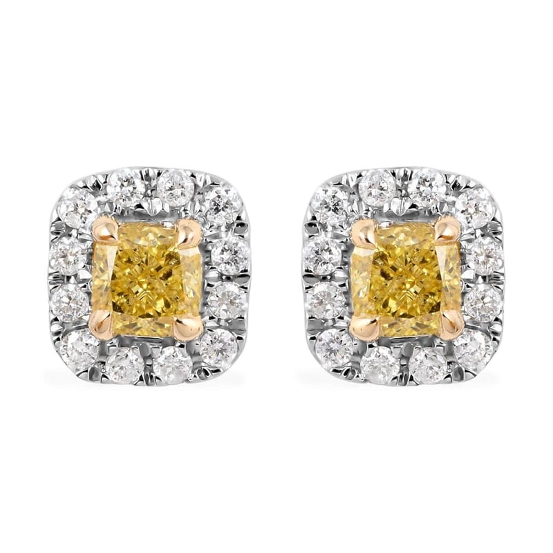 14K White & Yellow Gold Natural Yellow Diamond Cushion with White Diamond Halo Stud Earrings 0.50 ctw