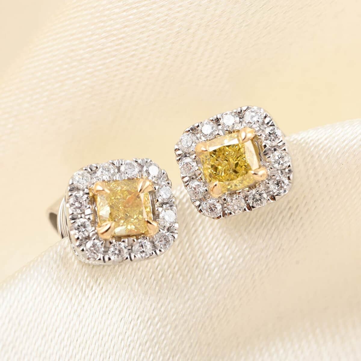 14K White & Yellow Gold Natural Yellow Diamond Cushion with White Diamond Halo Stud Earrings 0.50 ctw image number 1