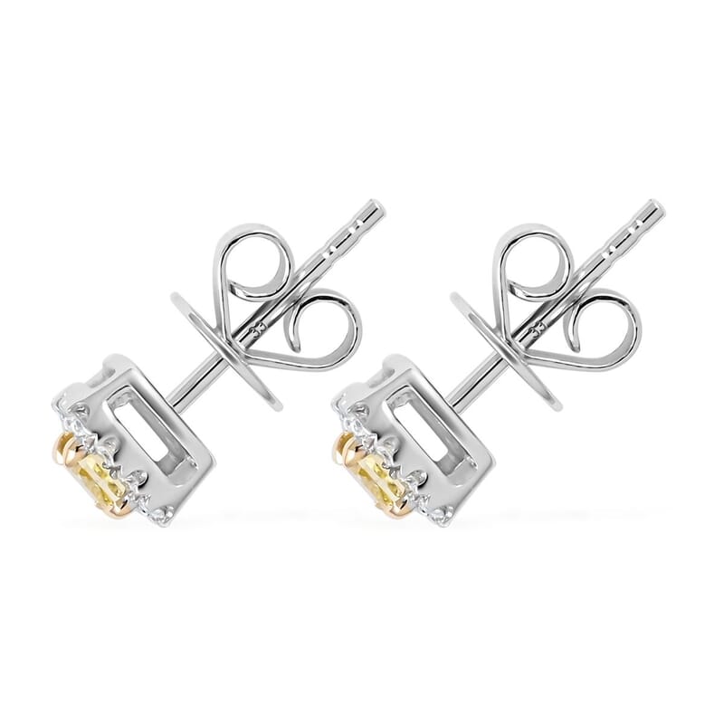 14K White & Yellow Gold Natural Yellow Diamond Cushion with White Diamond Halo Stud Earrings 0.50 ctw